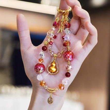 Original purple and gold gourd mobile phone chain, bright red crystal glass bead mobile phone lanyard, hanging chain, luxury wrist strap