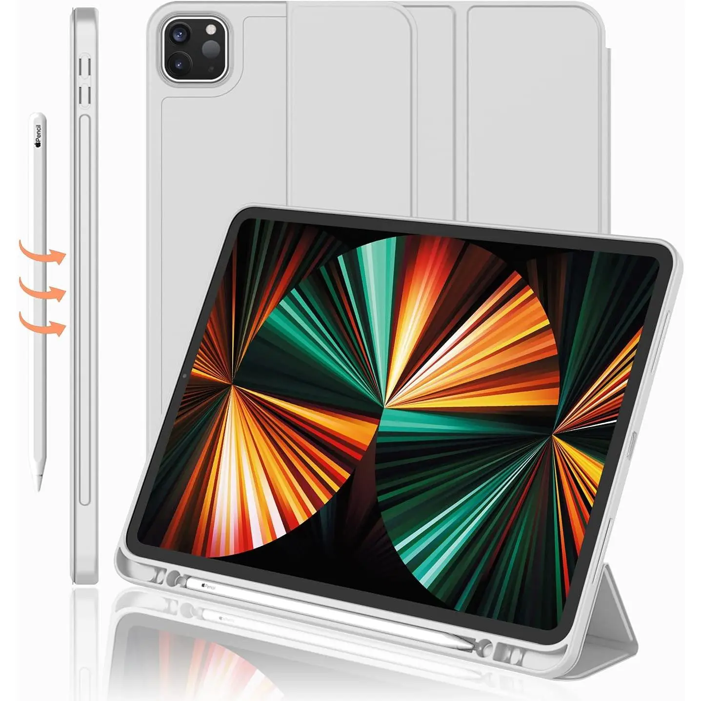iPad Pro 12.9 Case 2022(6th Gen)/2021(5th Gen) with Pencil Holder [Support iPad 2nd Pencil /Pair],Trifold Stand  Case with Soft TPU ,Auto Wake/Sleep(Light Gray)