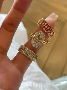 3pcs Luxury Gold Tone CZ Ring Set for Women, Sparkling Cubic Zirconia Stackable Rings, Oval Fleur-De-Lis Signet Ring, Hollow Chain Band Ring & Geometric Crystal Ring, Elegant Statement Jewelry for Party, Wedding, Banquet & Gift