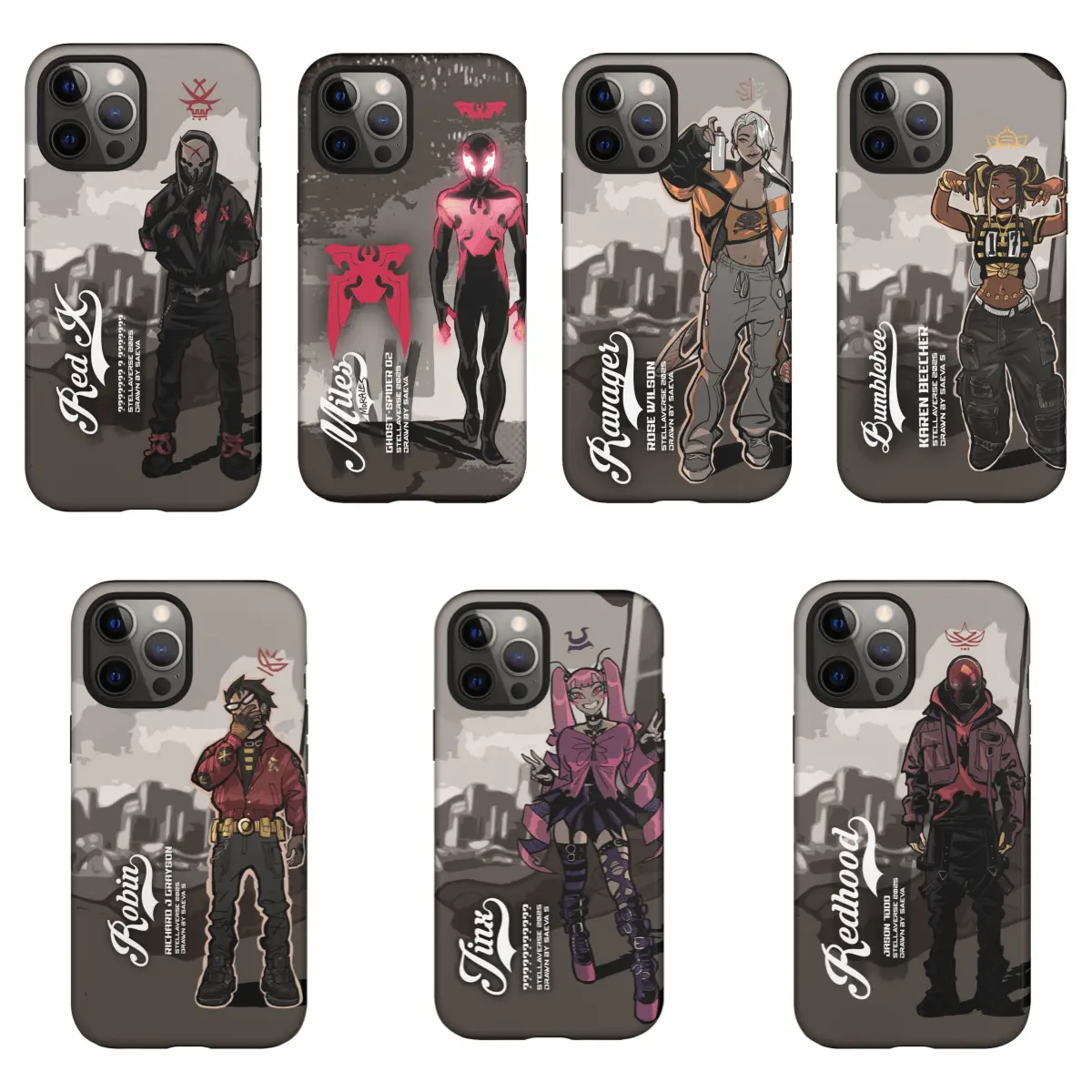 SaevaStella Stellaverse Official Licensed Red X Miles Morales Ravager Bumblebee Character Phone Case Street Art Graffiti Shockproof Protective Cover Compatible with iPhone 11–17 Pro Max/Plus Series and Samsung Galaxy S23–S25 Series