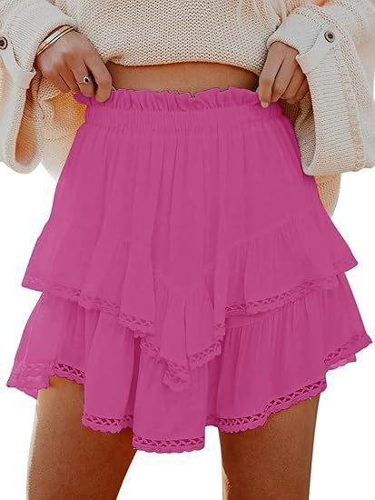 onlypuff Flowy Shorts for Women Ruffle Skirts Mini Skirts High Waisted Teen Gilrs Tennis Skirt Summer Shorts  Flowy Shorts for Women Casual Boho Ruffle Tiered Skorts High Waist Mini Skirts Golf Tennis Butterfly Crochet Shorts - All Hot Pink XL