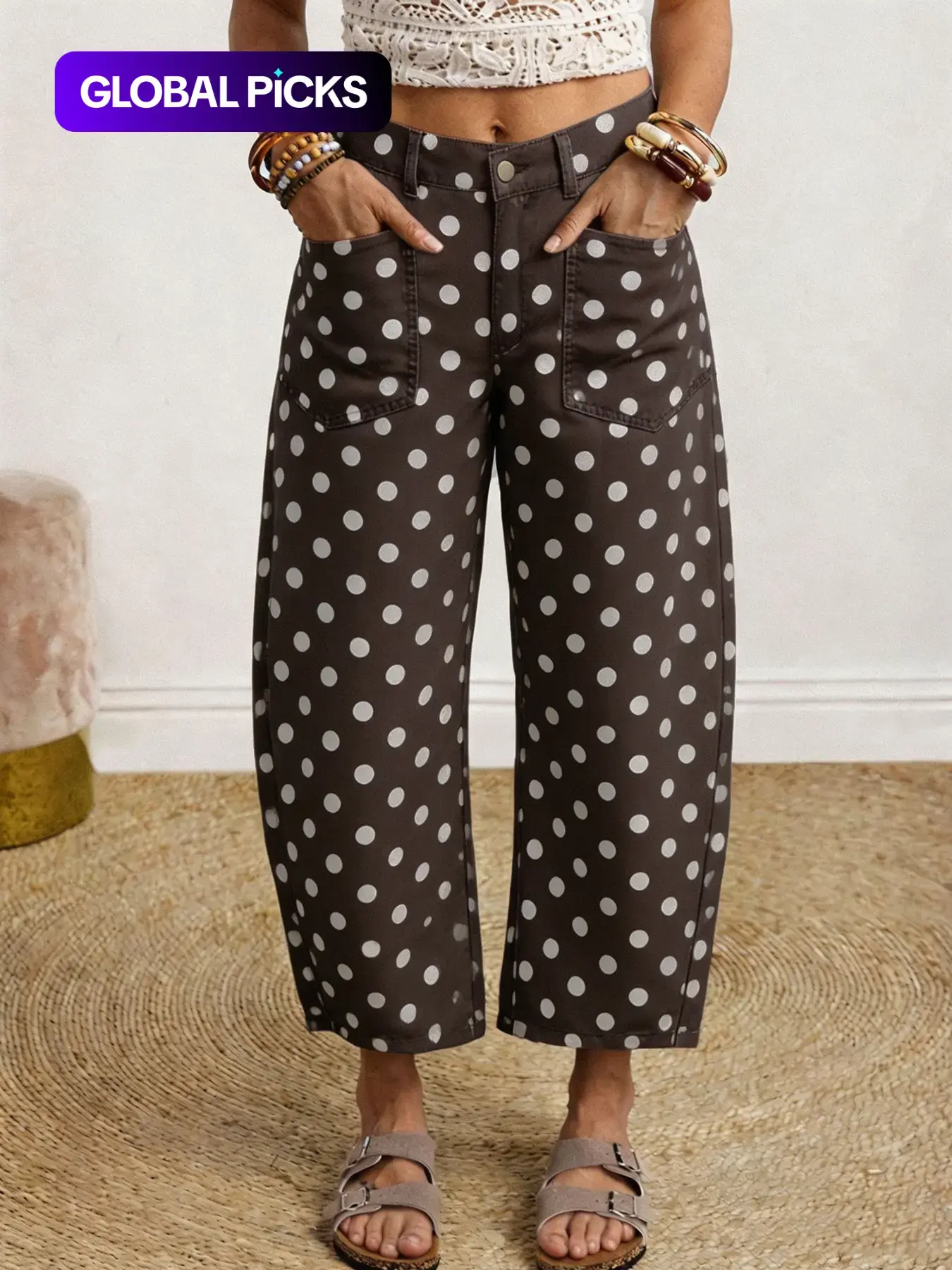 Women's Polka Dot Print Vintage Elegant Denim Curvy Jeans, Stylish Retro Design, Loose Comfortable Fit, Perfect for Casual Wear #GLOBAL PICKS