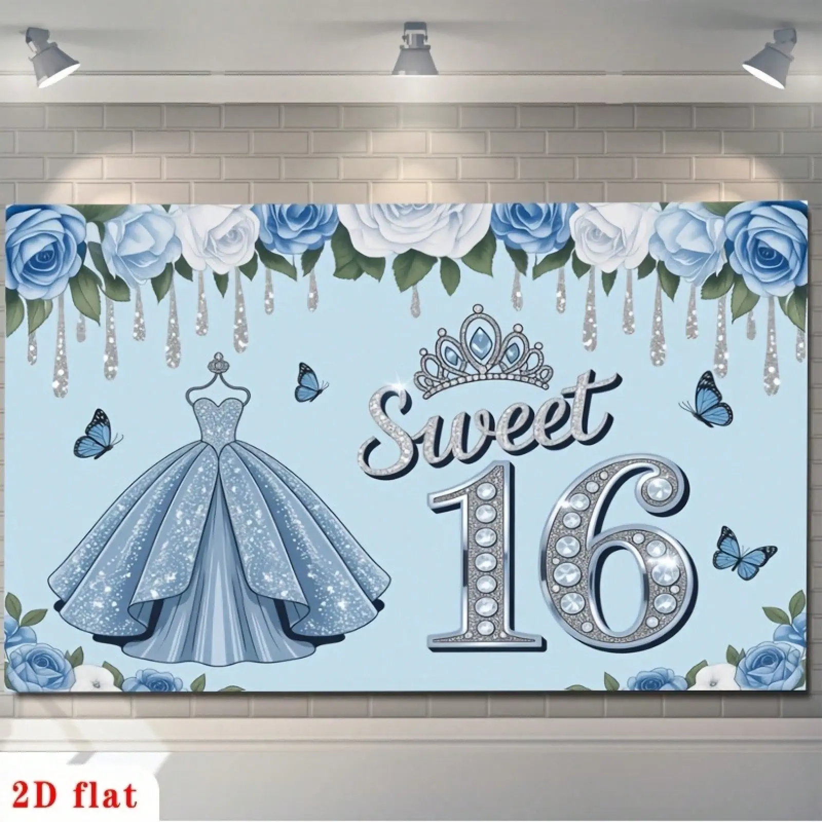 1pc Light Blue 2D Flat Sweet 16 Banner with Rhinestone Crown, Roses & Butterflies - Lightweight Photo Wall Backdrop, Polyester, No Electricity Required, Home Decor Tapestry for Birthdays, Gift for Home Use, Wedding