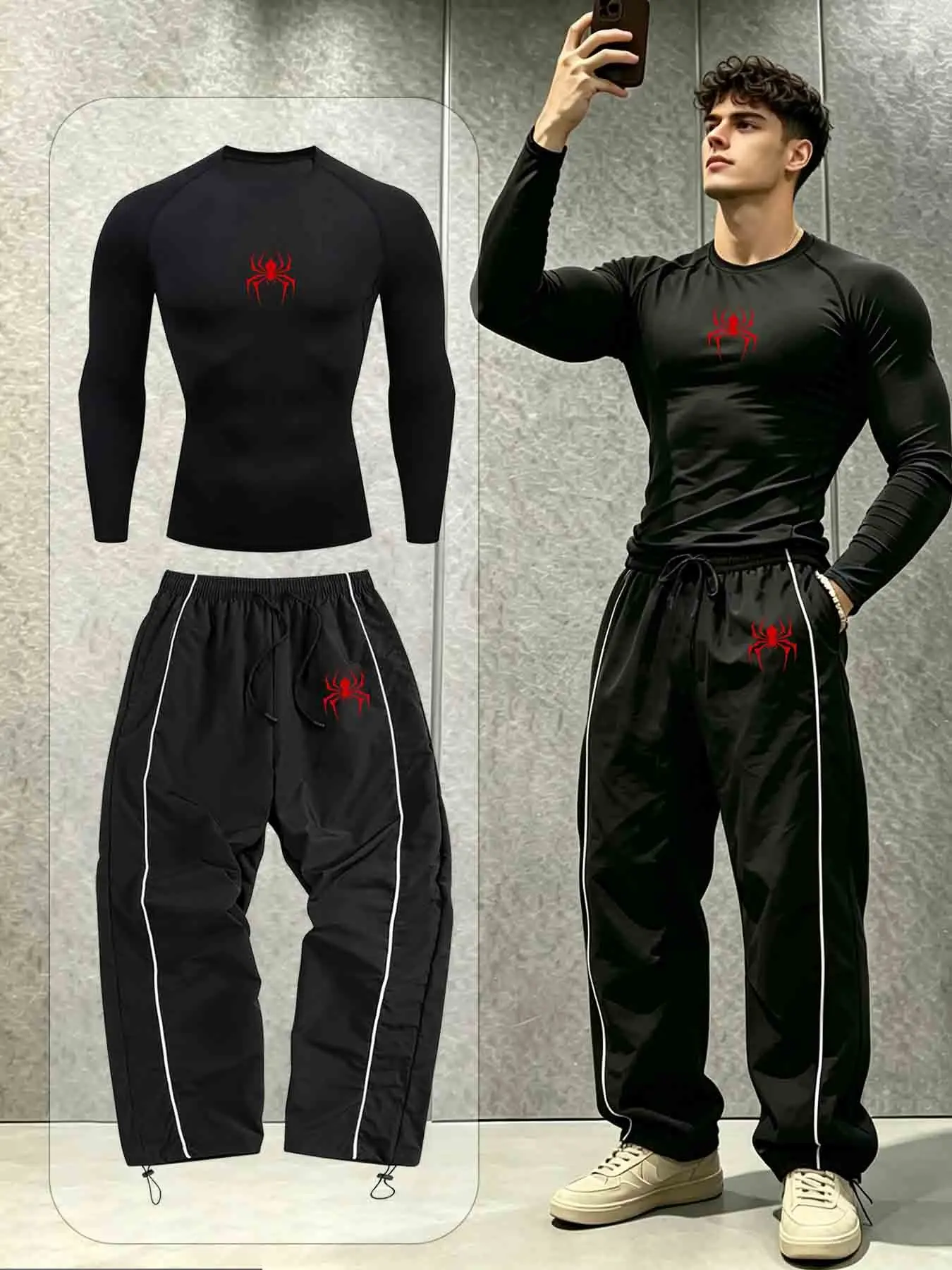 Men's 2-Piece Workout Set Cool Red Spider Silhouette Print Striped Trim Stretch Quick Dry Fabric For Strength Training, Jogging & Neat Daily Sports Outfits