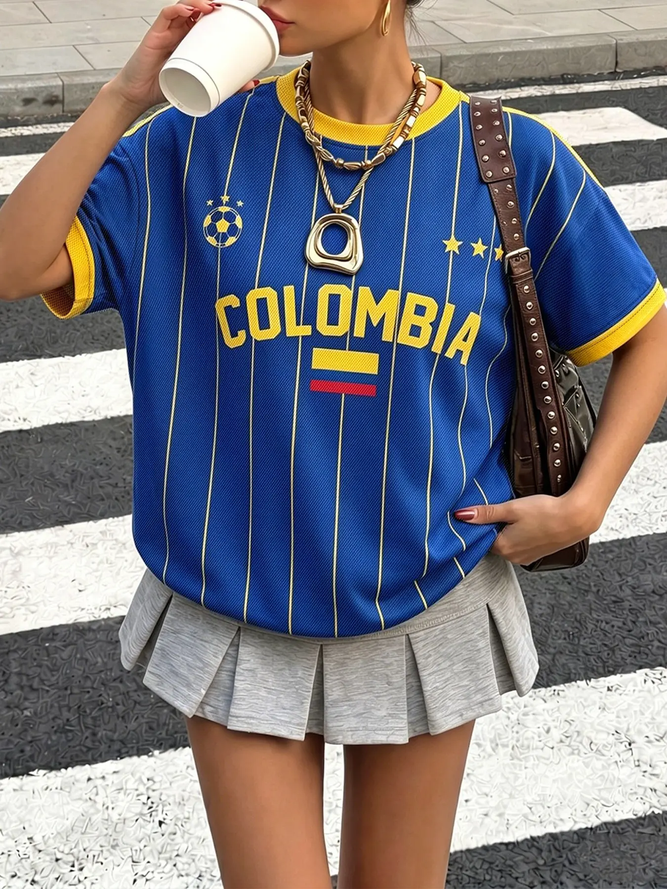 Women's Blue & Yellow Colombia Soccer Jersey T-Shirt, Oversized Mesh Sports Tees with Flag & Star Print, Retro Y2K Streetwear Tops for Summer, Campus Looks, Casual Outings, Sports Events, Travel, and Relaxed Sporty Styling