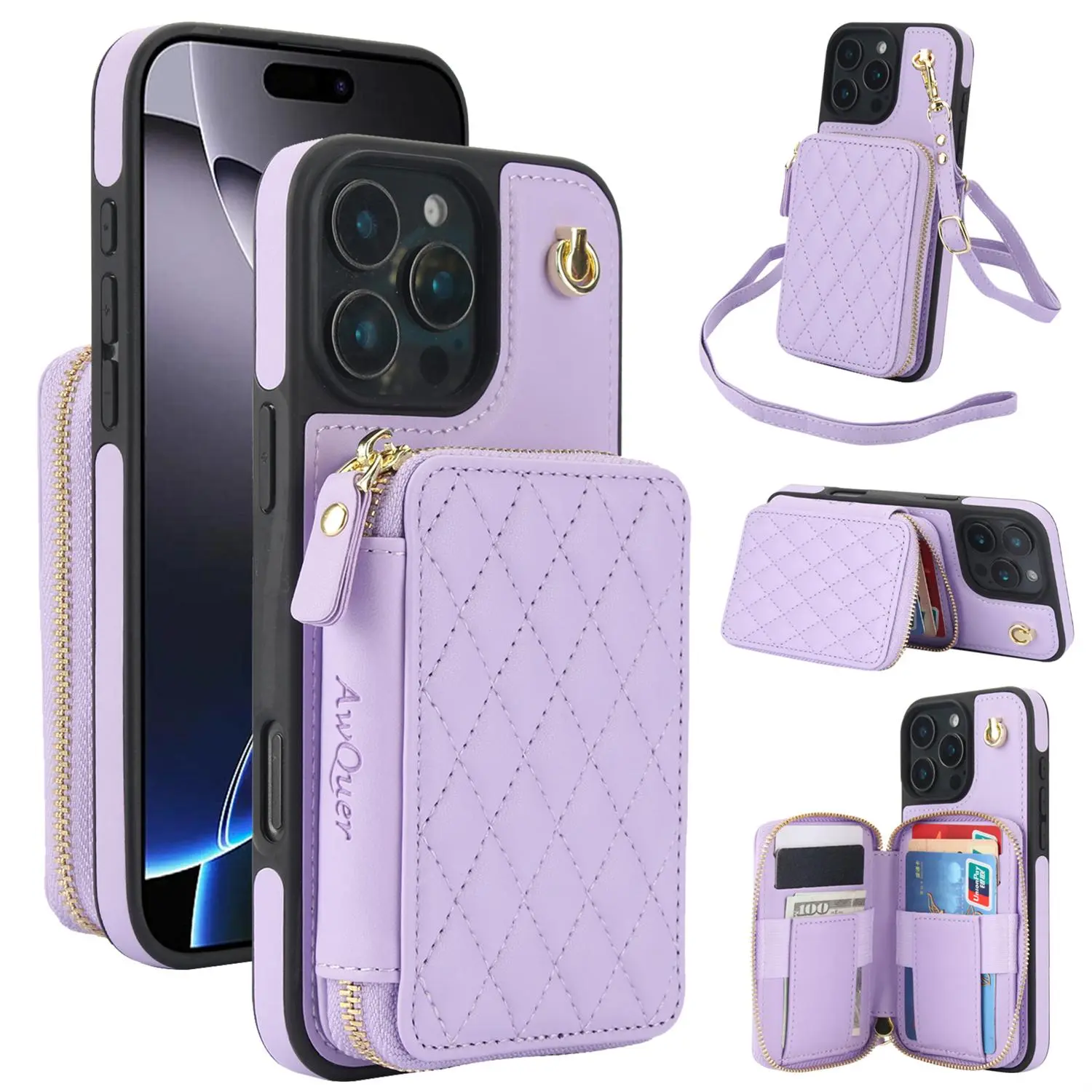 Crossbody Wallet Case for iPhone 16e/16/15/14/13/12/11 Pro Max SE 2022 SE 2020 7 8 Plus X XS Max XR 16 Plus 15 Plus 14 Plus, RFID Blocking Zipper Handbag Purse Flip Cover, Kickstand Folio Case
