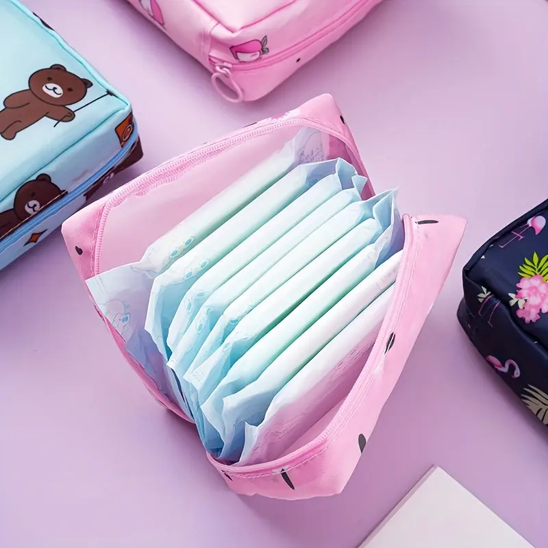 Cartoon Pattern Sanitary Napkin Storage Bag, 1 Count Portable Menstrual Pad Storage Bag, Small Zipper Space-Saving Pouch, Space Saving Bags for Outdoor Travel and Home Organizer Supplies, Zipper Pouches, Zipper Pouches For Organizing