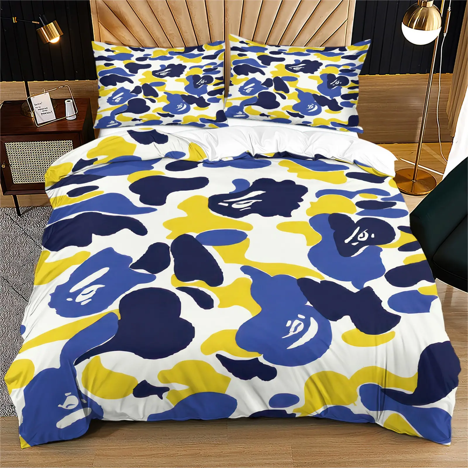 Blue Yellow Navy Camo Cartoon Face Digital Print Duvet Cover Set, Fashion Camouflage Pattern Bedding Set, Hidden Zipper & Corner Ties, Includes 1/2 Pillowcases - without Core