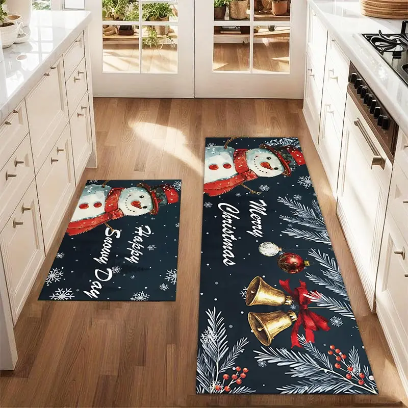 2pcs Snowman Christmas Mat Set Farmhouse Kitchen Carpet Restaurant Floor Laundry Room Decoration Carpet Mat