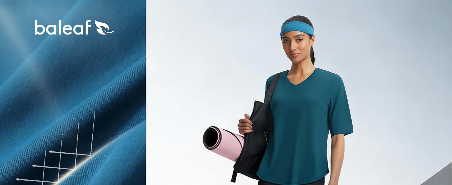 Baleaf Women's V Neck Half Sleeve Workout Top UPF 50+ Sun Protection Athletic Shirt Loose Fit with Curved Hem for Yoga and Running