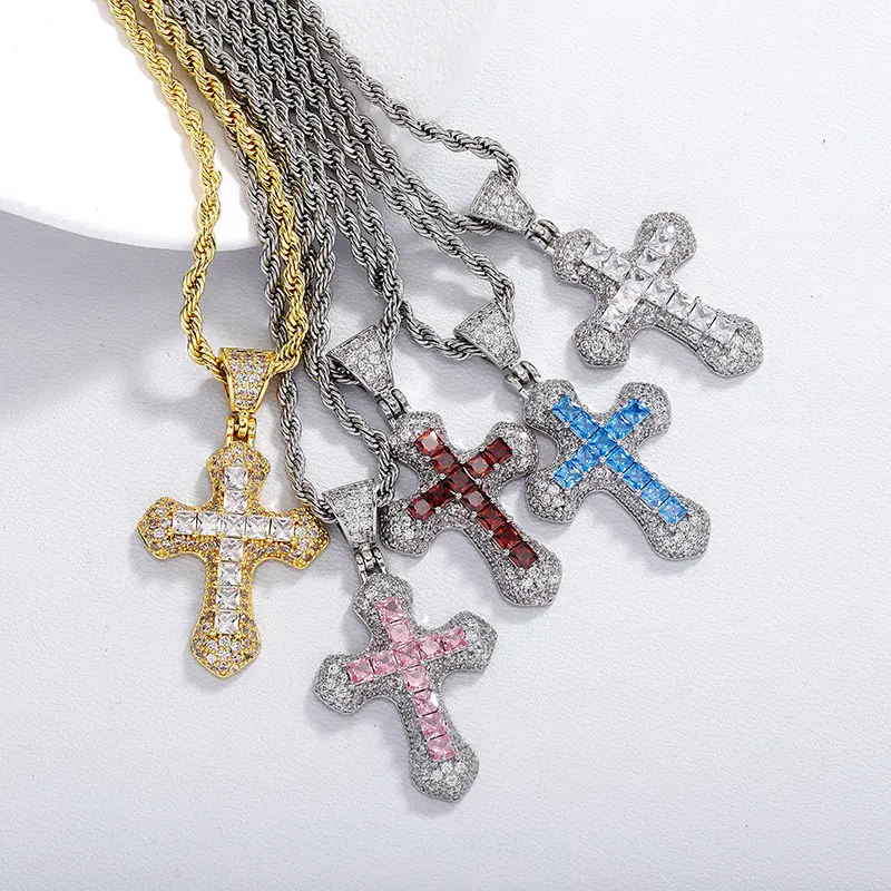 Colorful Zircon Cross Pendant Necklace - Fashionable Versatile Twist Chain Sweater Necklace for Women's Daily Wear jewelry gift religious christian boujee crucifix goldtone men