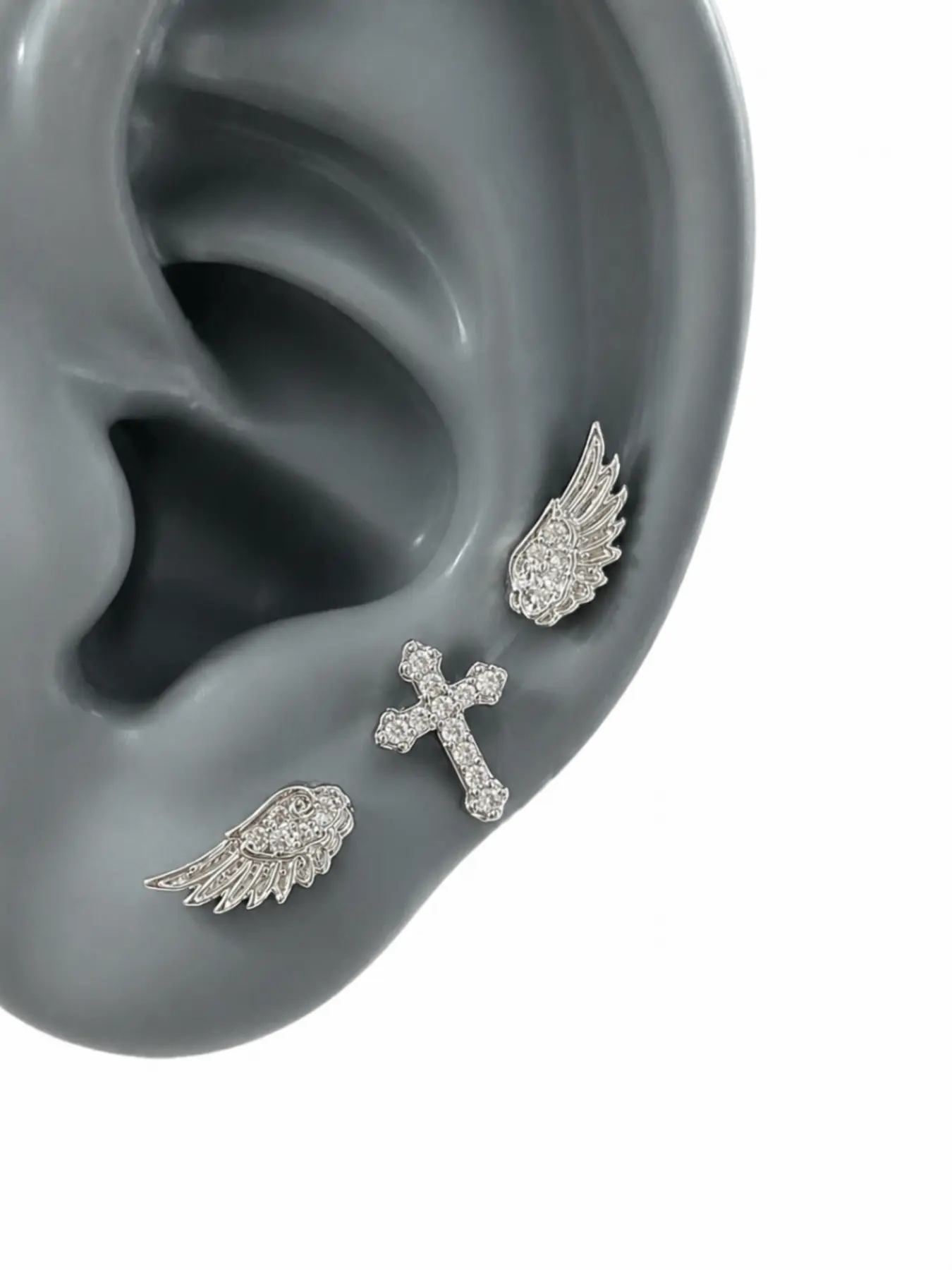 3Pcs Mix‑Match Wing & Cross Cubic Zirconia Stud Earrings, Screw Back Secure Backing Cartilage Helix Piercing Studs, Trendy Y2K Punk Ear Jewelry For Women & Men