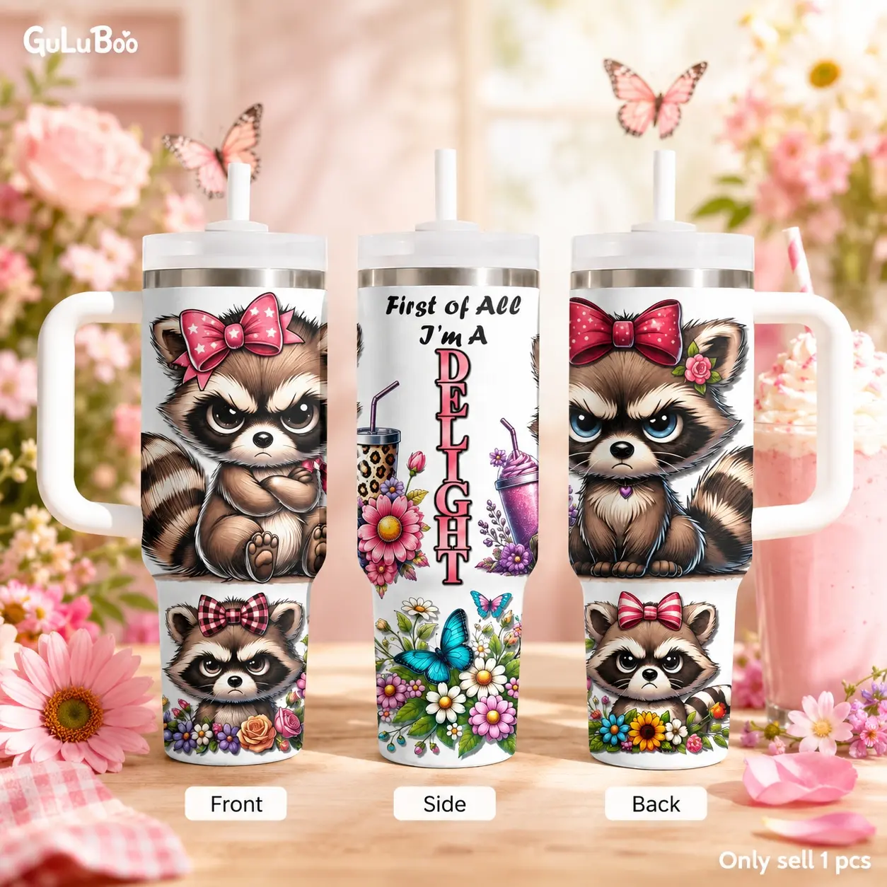 Grumpy Raccoon I'm A Delight Drinkware Vacuum Flasks 40oz Stainless Steel Daily Use Tumbler with Handle & Straw – Vacuum Insulated Travel Mug, Keeps Drinks Cold Up to 24H, Leak-Resistant Cup for Iced Coffee, Water, Gym, Office & Travel