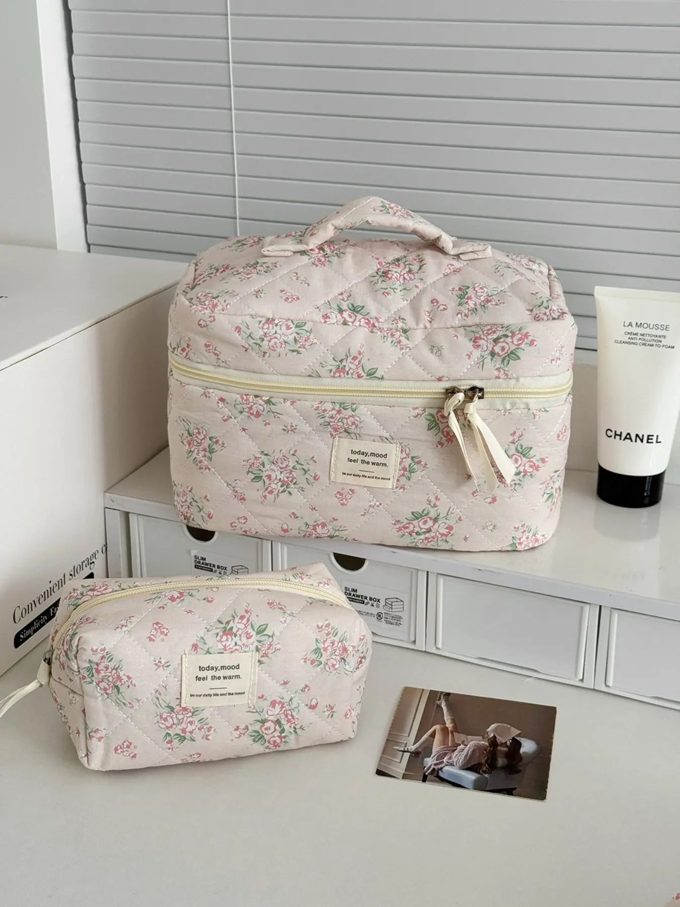 Floral Cosmetic Bag, Portable Large Capacity Quilted Patchwork Storage Bag, Travel Makeup Organizer, All Seasons Casual Style