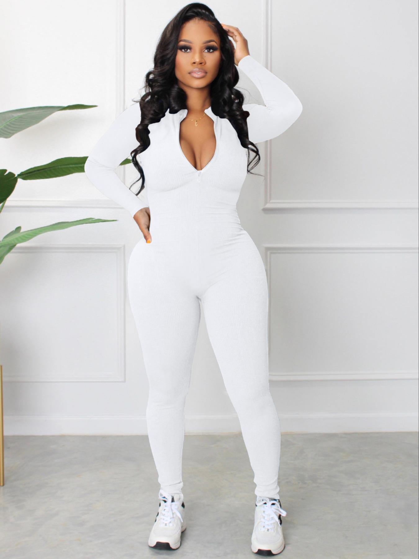 Women's Solid Textured Fitted Zip Up Jumpsuit, Jumpsuit for Women, Casual Long Sleeve Round Neck Skinny Jumpsuit for Spring & Fall, Women's Clothes for Daily Wear