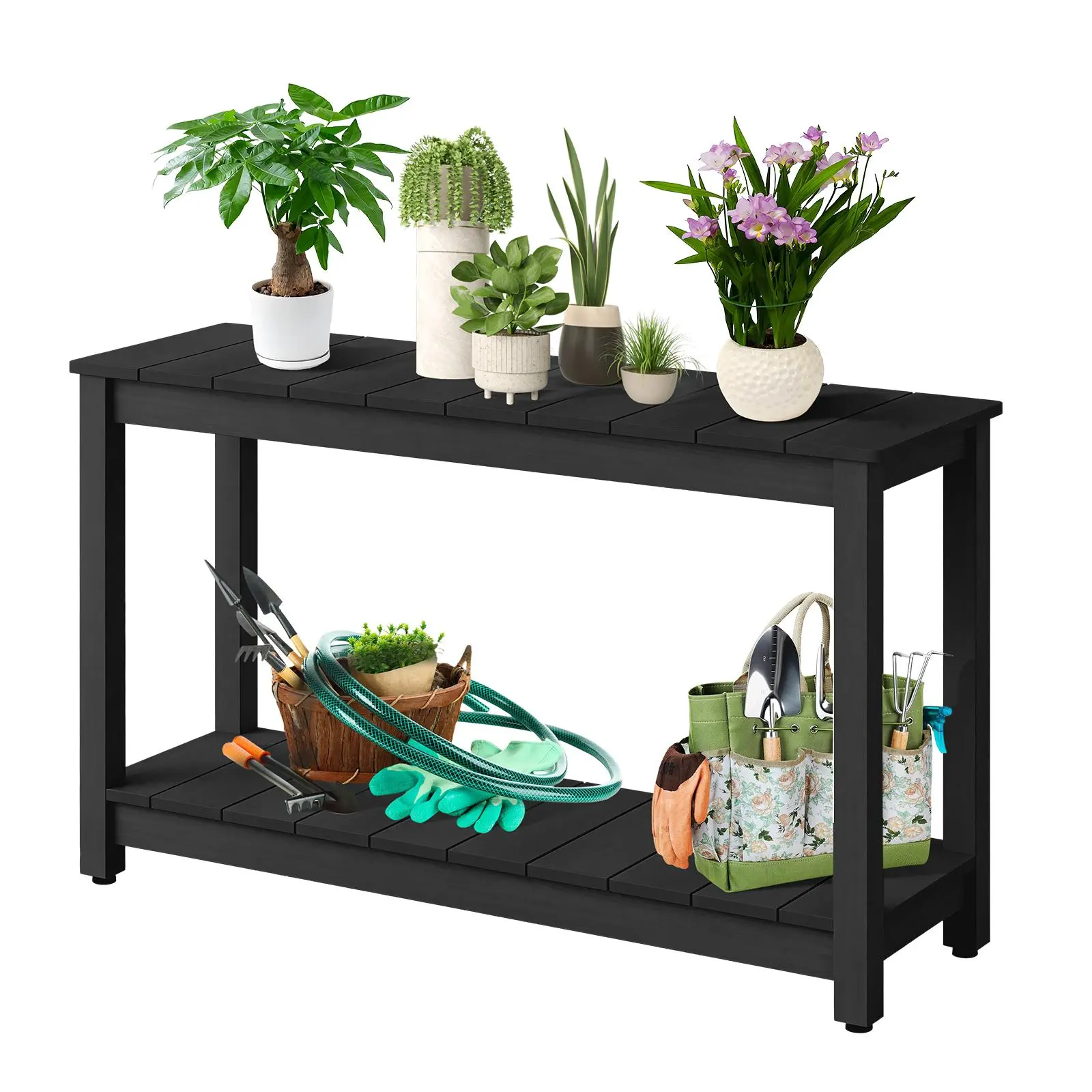 GAOMON 48 Inch Outdoor Console Table, All-Weather Wood Patio Sofa Table with 2 Shelves, Adjustable Feet for Uneven Ground, Rust-Proof & Waterproof, Slatted Design for Easy Cleaning, for Deck Porch Garden Poolside, Black/Grey