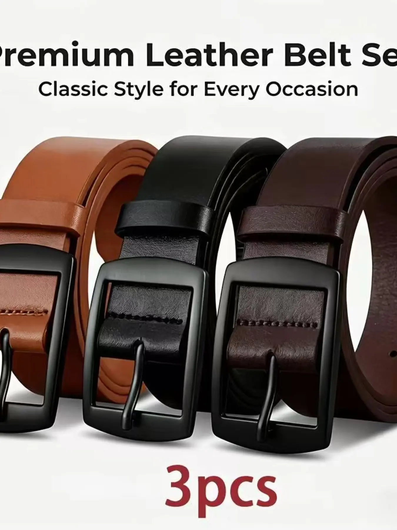 Men 3 Pack Premium Genuine Leather Belts, Classic Pin Buckle, Dress & Casual Waist Belt Set, Business Jeans, 3 Colors: //tan