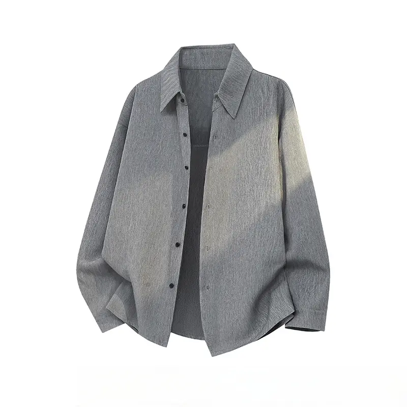 Men's Collared Point Lapel Long-Sleeve Polyester-Blend Shirt - Full Button Placket, Relaxed Oversized Cut, Wrinkled Texture, Lightweight Breathable, Casual Versatile Outerwear for Spring Autumn Daily Commutes, Tops, Daily Wear