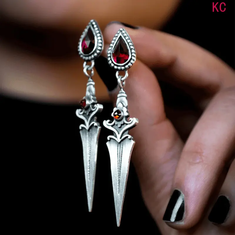 Gothic Vintage Sword Shaped Earrings With Ruby Inlay For Women, Unique Versatile Fashion Ear Jewelry For Daily Outfits