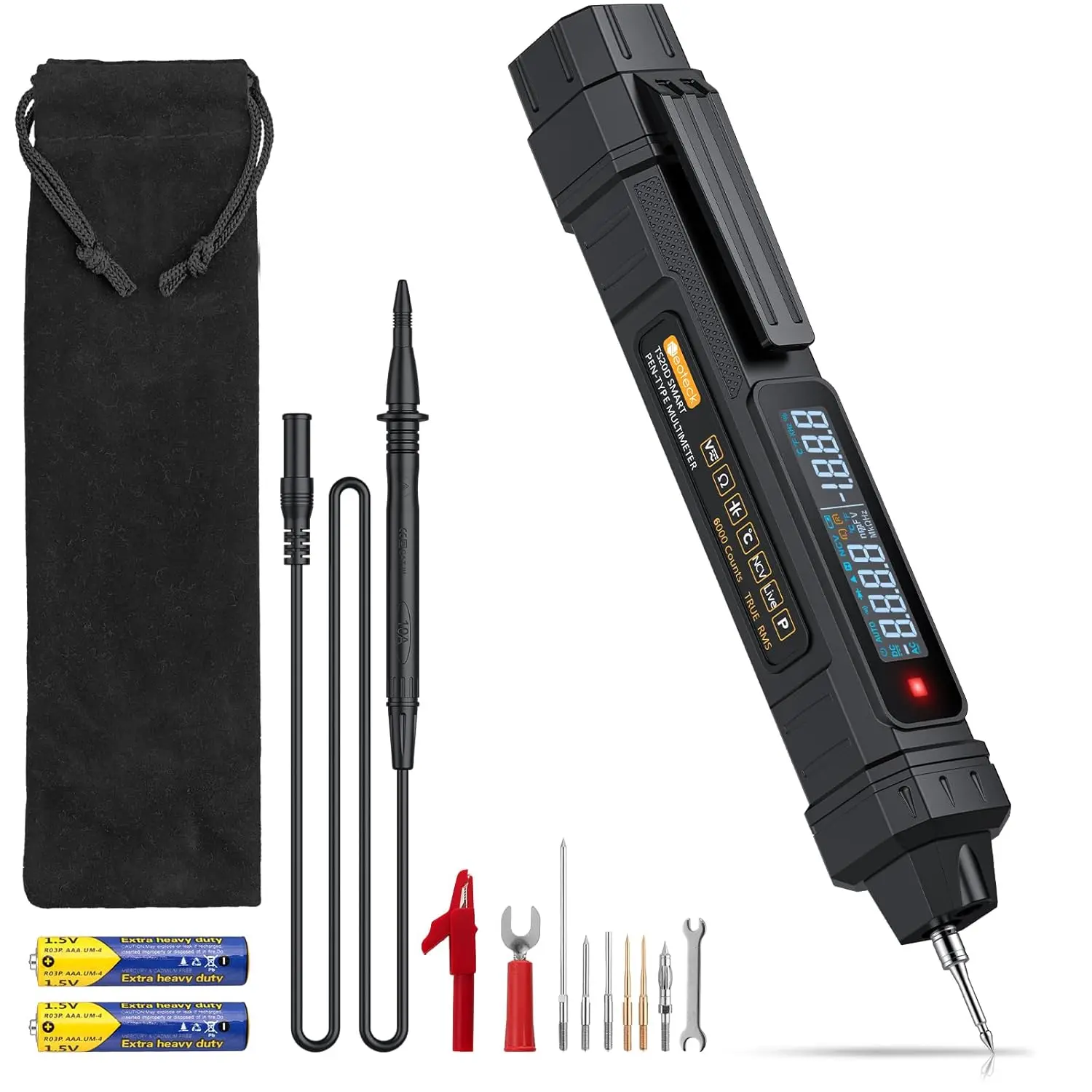 Neoteck 3-in-1 Pen Multimeter with 6000 Counts Resolution, AC/DC Voltage Tester, Phase Sequence, Resistance, Diode, Continuity, Capacitance, Frequency Functions, No Temperature Measurement, 9-Piece Kit for Dads, Adults, None (Unisex Sohochic)