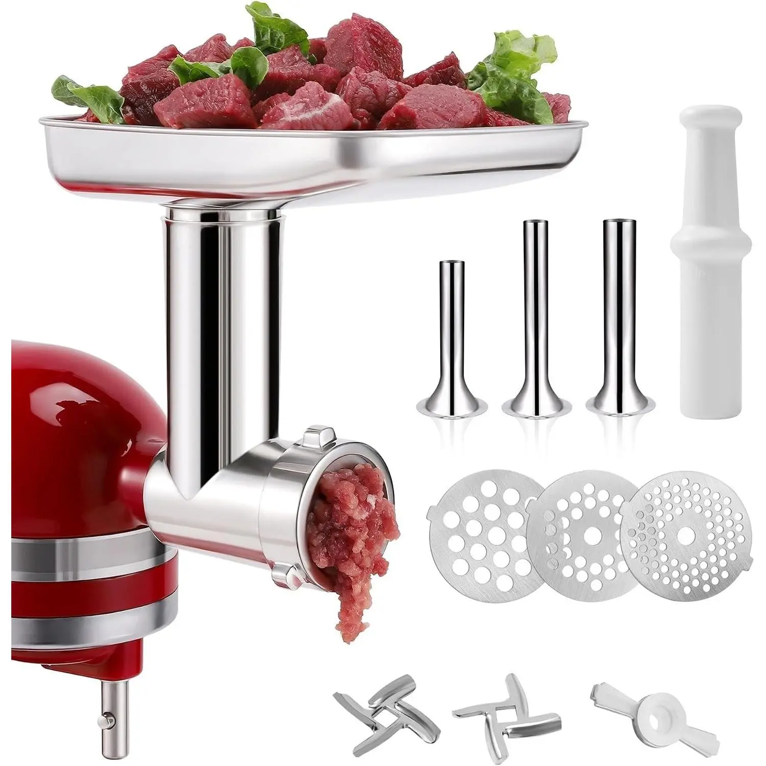 Stainless Steel Food Grinder Attachment for KitchenAid Stand Mixer, Durable Meat Grinder, Includes 3 Grinding Plates, 3 Sausage Stuffer Tubes, 2 Grinding Blades, Dishwasher Safe
