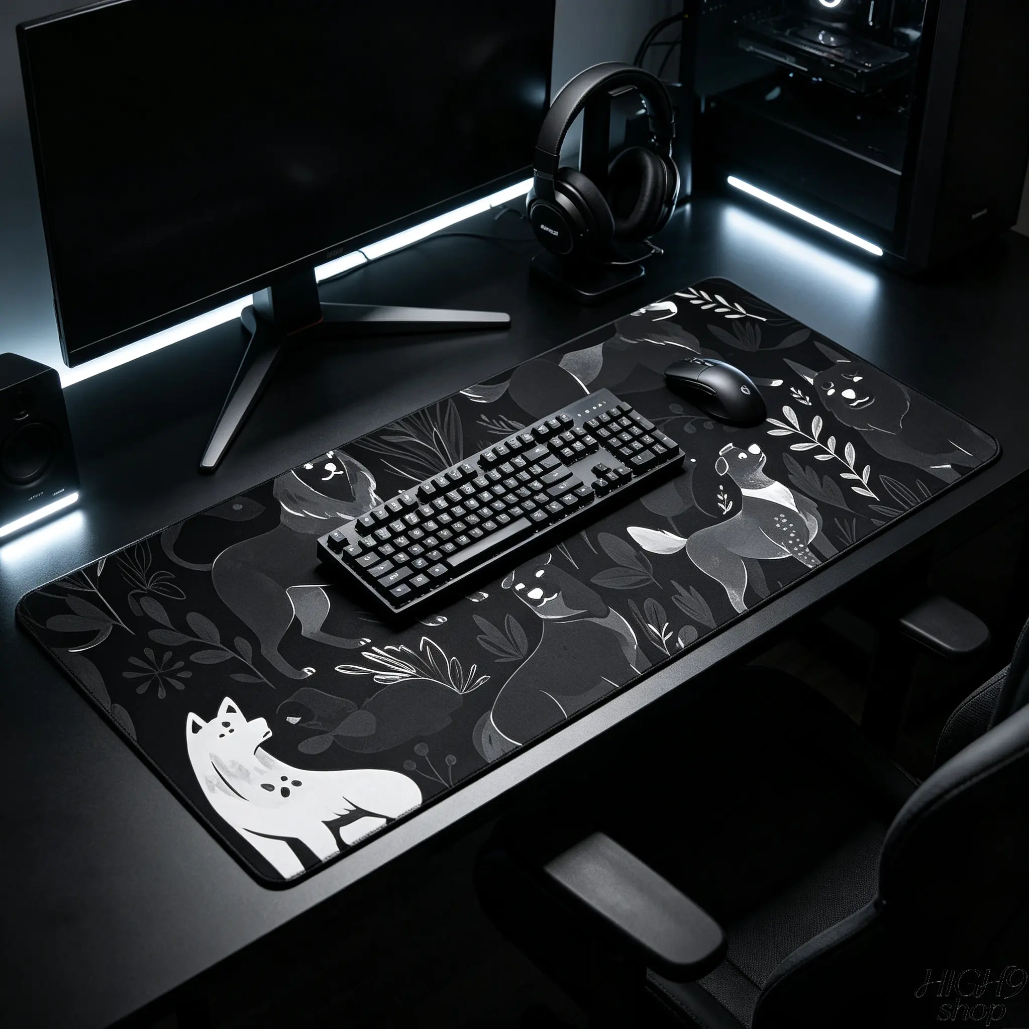 Black Background Cartoon Dog Forest Large Extended Gaming Mouse Pad, Monochrome Pet Puppy Pattern Non-Slip XXL Desk Mat, Rubber Keyboard Mousepad for Home Office Gamer Desktop Decor