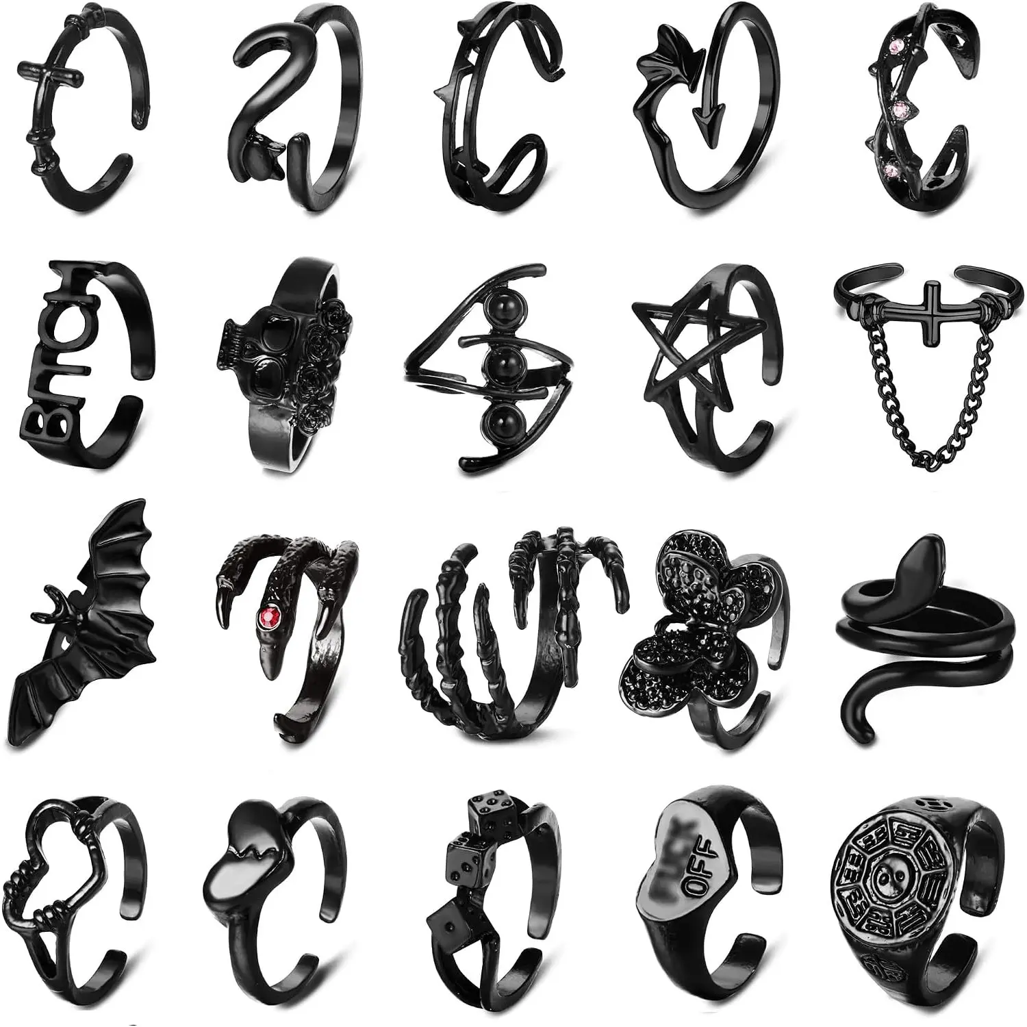 20 Pcs Black Gothic Rings Set for Women & Men, Y2K Style Rings, Snake Bat Devil Spider Claw Skull Adjustable Knuckle Stacking Rings, Gothic Halloween Jewelry