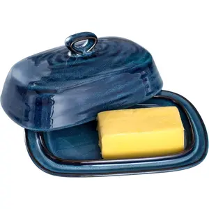 Butter Dish with Lid, Ceramic Butter Dish with Cover for Countertop, Porcelain Butter Keeper with Handle Design for East West Coast Butter, Butter Tray with Lid for Fridge, Blue