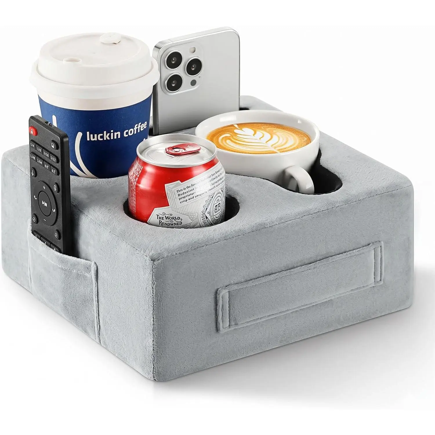 Luxspire Gray 4-Hole Couch Cup Holder Pillow - Polyester Foam Living Room Decor Sofa Organizer (8.66x8.66x3.74in, Single Unit) with Side Pocket, Handle for Drinks, Phone, Remote Control