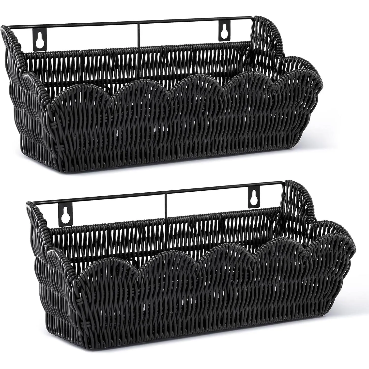 2-Pack Composite Plastic Wicker Hanging Storage Baskets - Rectangular, Scalloped Edge, Black, Waterproof Open Design, Handwoven, Sturdy, Unique Home Organizer