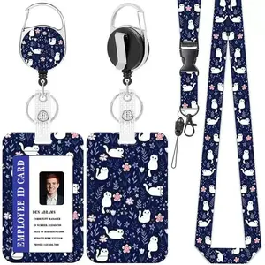 Cute White  Flower Lanyards for Id Badges,Badge Holder with Retractable Reel Clip,ID Card Name Tag Lanyard Vertical ID Card Protector for Women, Teachers, , ,Students, Office