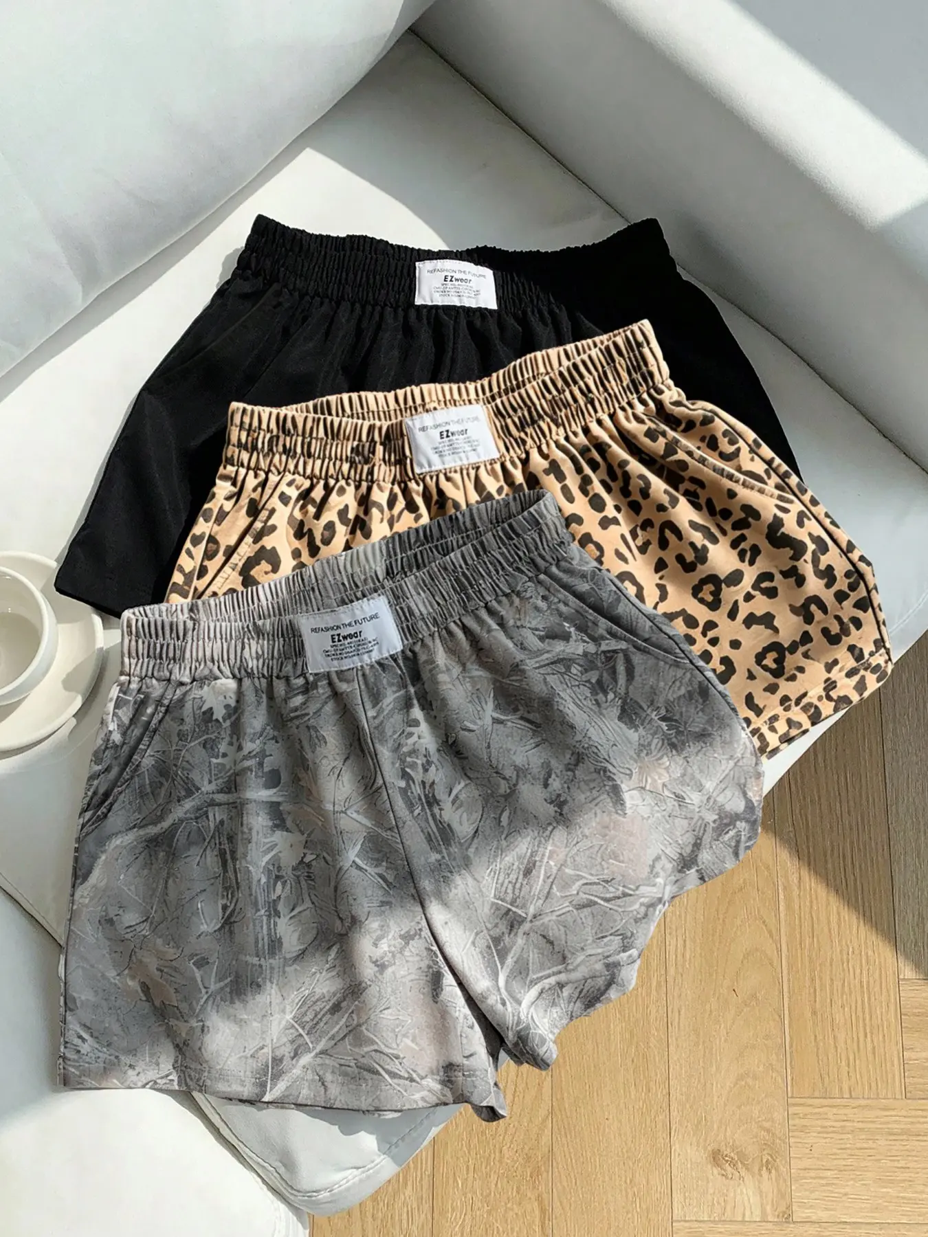 3-piece set, Y2K Millennium style withered branches+leopard print+solid color casual sports shorts, elastic sporty shorts, camo camouflage shorts, Camouflage Athletic Shorts, women's summer bottoms