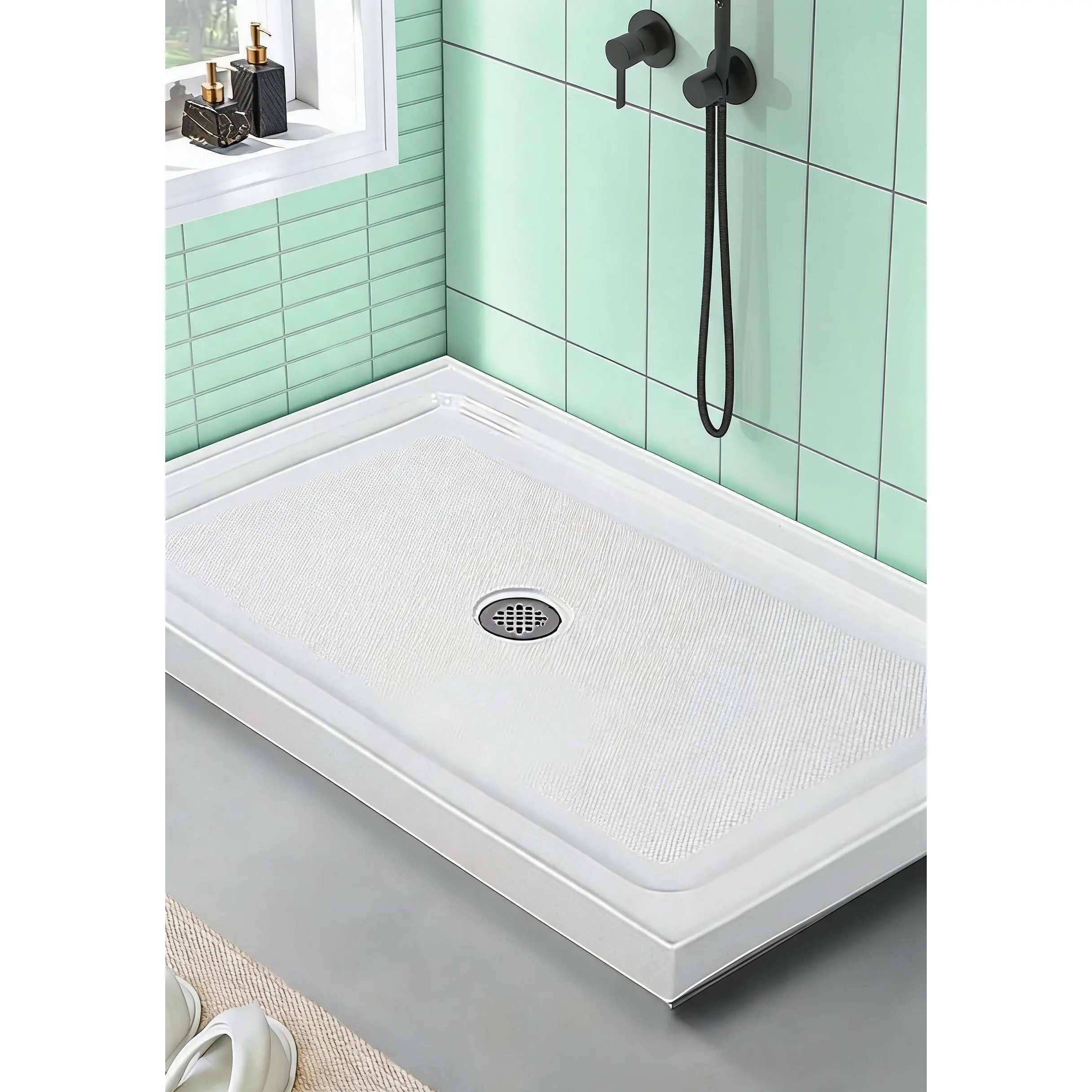 Rectangular Acrylic Shower Base with Center Stainless Steel Drain, Non-Slip Textured Surface, Easy to Clean, Available in 32" x 48" and 60" x 32" Sizes for Modern Bathroom Floors