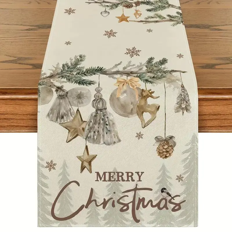 1 Counts Christmas tablecloth - rectangular holiday table decoration, decorated with pine trees, ornaments, and snowflake patterns, suitable for family parties, brand seasonal table decoration
