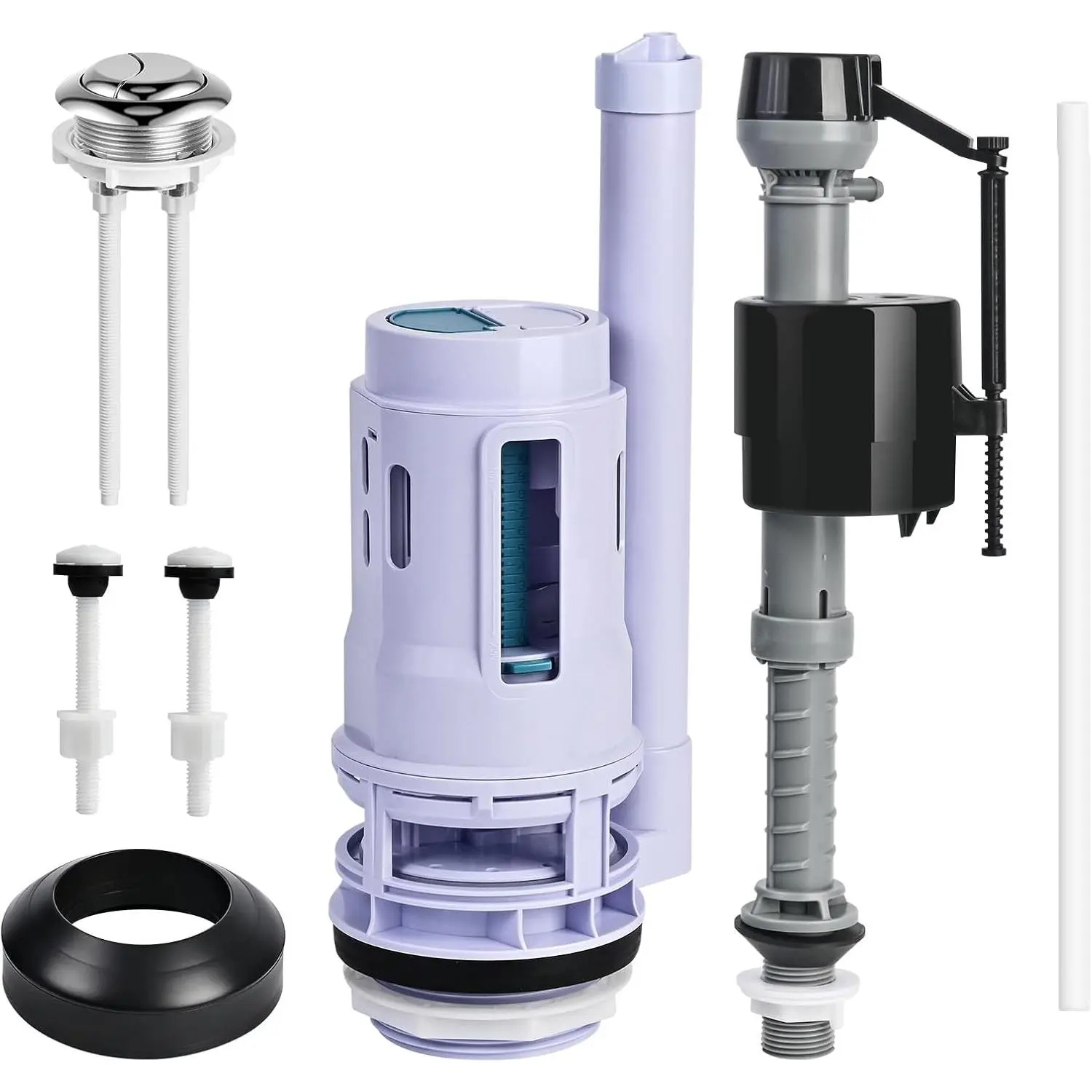 3 in Dual Flush Valve & Fill Valve ABS Plastic Replacement Kit for 2-Piece Toilets, Adjustable Height Complete Toilet Repair Kit with Push Button, Gasket & Bolts, Compatible with Toto & American Standard, Complete Kit
