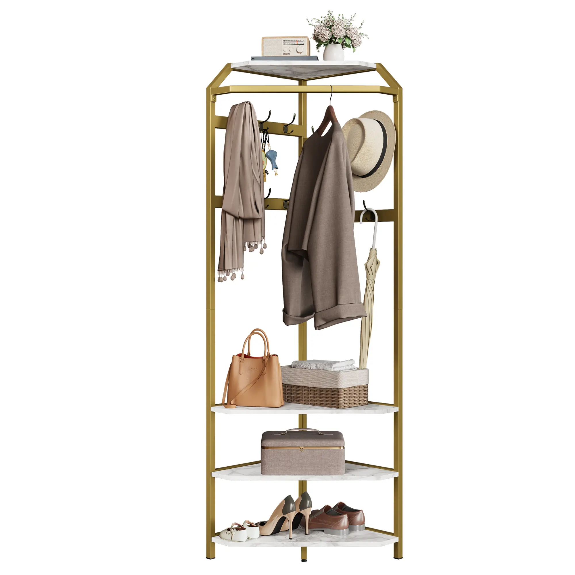 Garvee Tall Space-Saving Corner Hall Tree Coat Rack - 6 Double Hooks, Waterproof Decorative Shoe Bench, Vintage Modernism Entryway Organizer (11 lbs) for Clothes, Shoes, Bags, Hats - Ideal for Small Spaces, Living Room