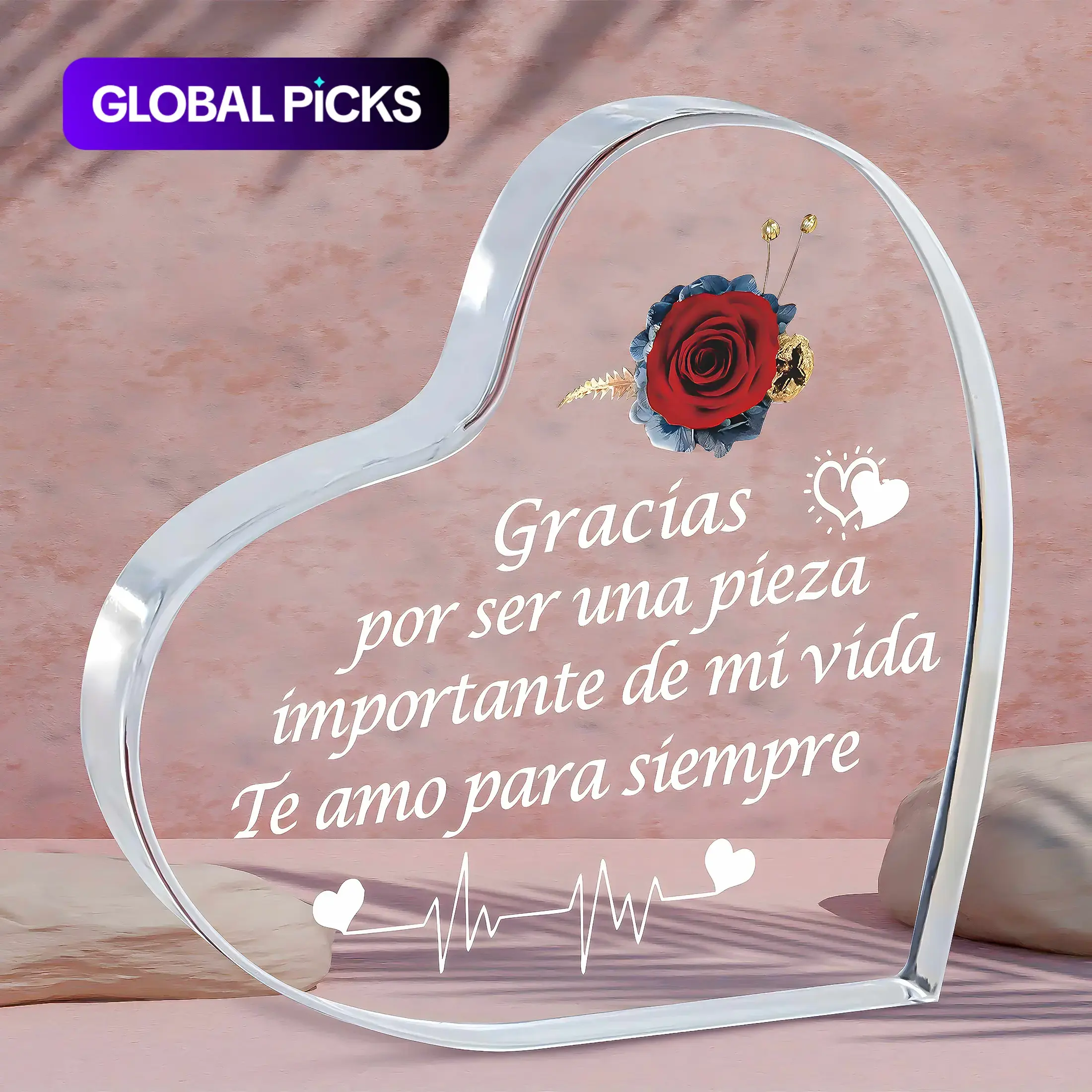 Heart-Shaped Rose Pattern Acrylic Photo Plaque, Decorative Plaque Sign, Acrylic Desktop Sign, Desktop Decoration, Romantic Gift for Couples for Wedding, Anniversary, Birthday & Valentine's Day, Home Decor Products, Home Decor Gifts, Decor # GLOBAL PICKS