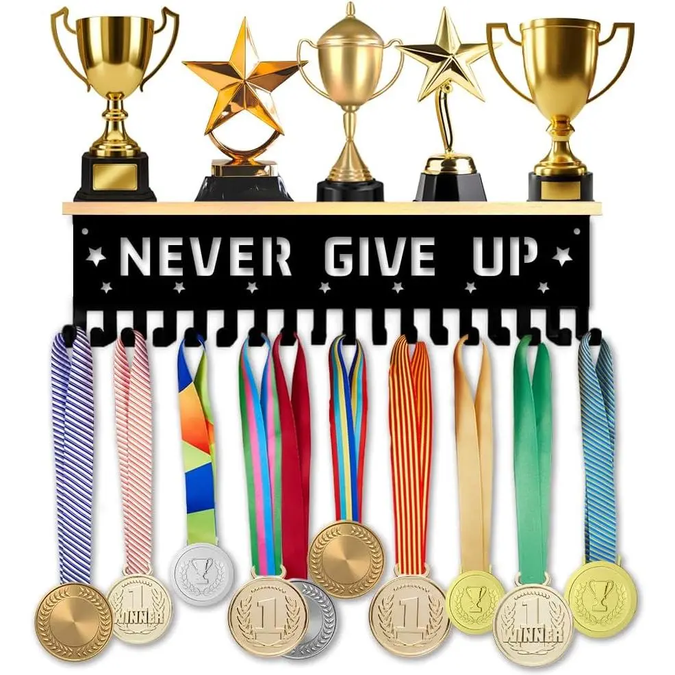 SUPERDANT Hangable Wooden Sports Theme Medal Holder Display Shelf - Metal Holder Board with Hooks, Easy Assembly, Wall Mounted Medal Storage, Athlete Gift