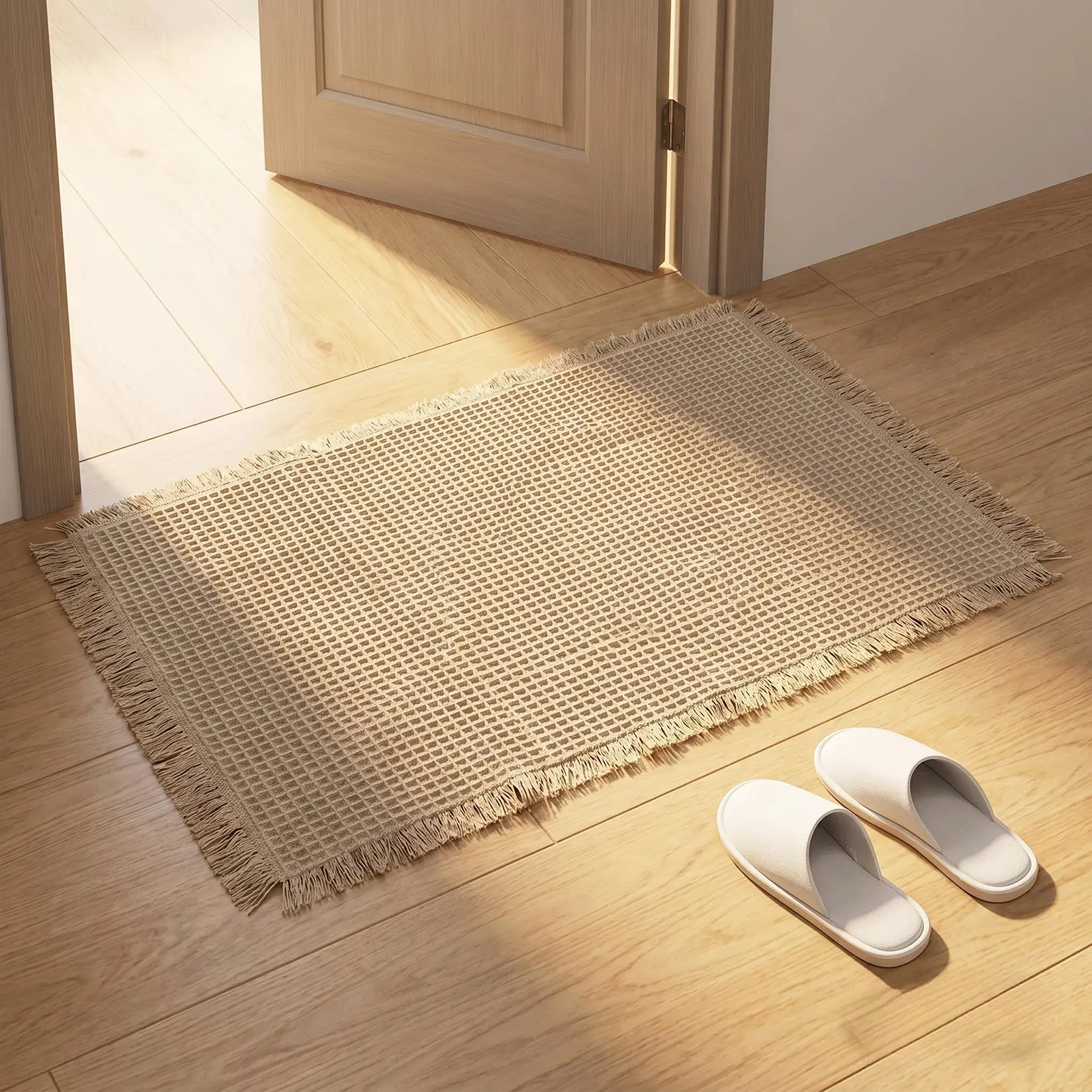 100% Cotton Waffle Weave Doormat with Tassels – 24"x35" Machine Washable Runner Rug, Absorbent Soft Entryway Mat for Indoor, Front Door, Kitchen & Bathroom