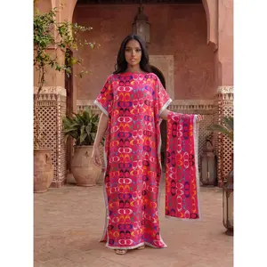 Women's Elegant Geometric Print 2-Piece Robe Set - Vibrant Tencel Satin Casual Outfit with Moomoo Dress, Washable Cotton Headscarf, Boho Beach Cover-Up & Sun Protection