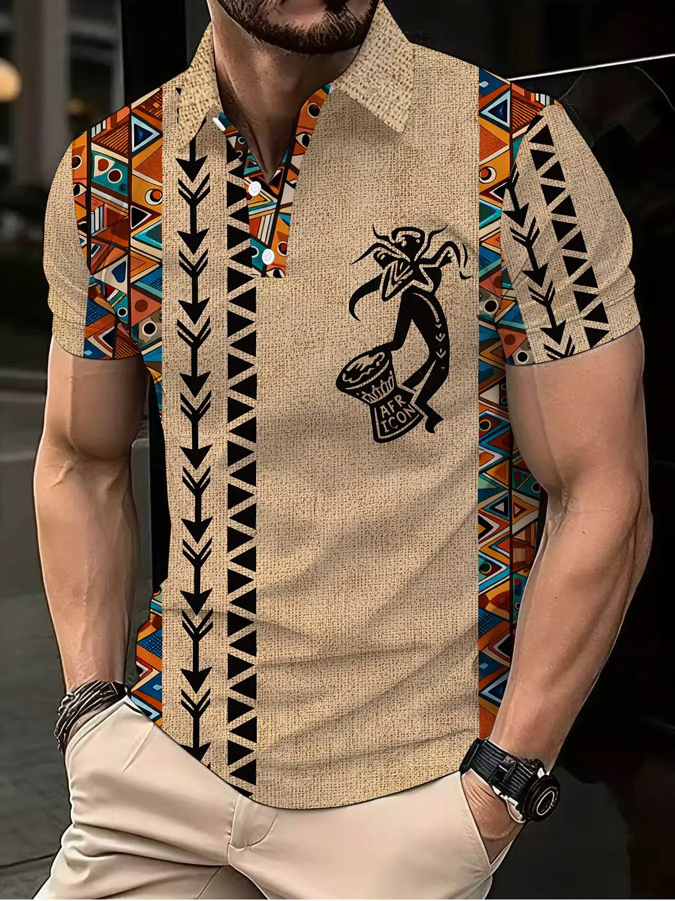 African-style tropical totem print men's collared casual short-sleeved Knitted Summer Polo Shirt