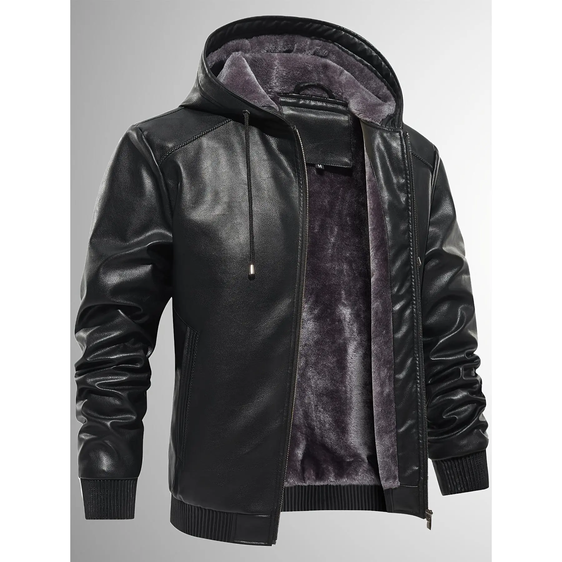 Men's Sherpa Lined PU Leather Jacket Warm Winter Hooded Motorcycle Jacket High Quality And Windproof Leather Biker Jacket Drawstring