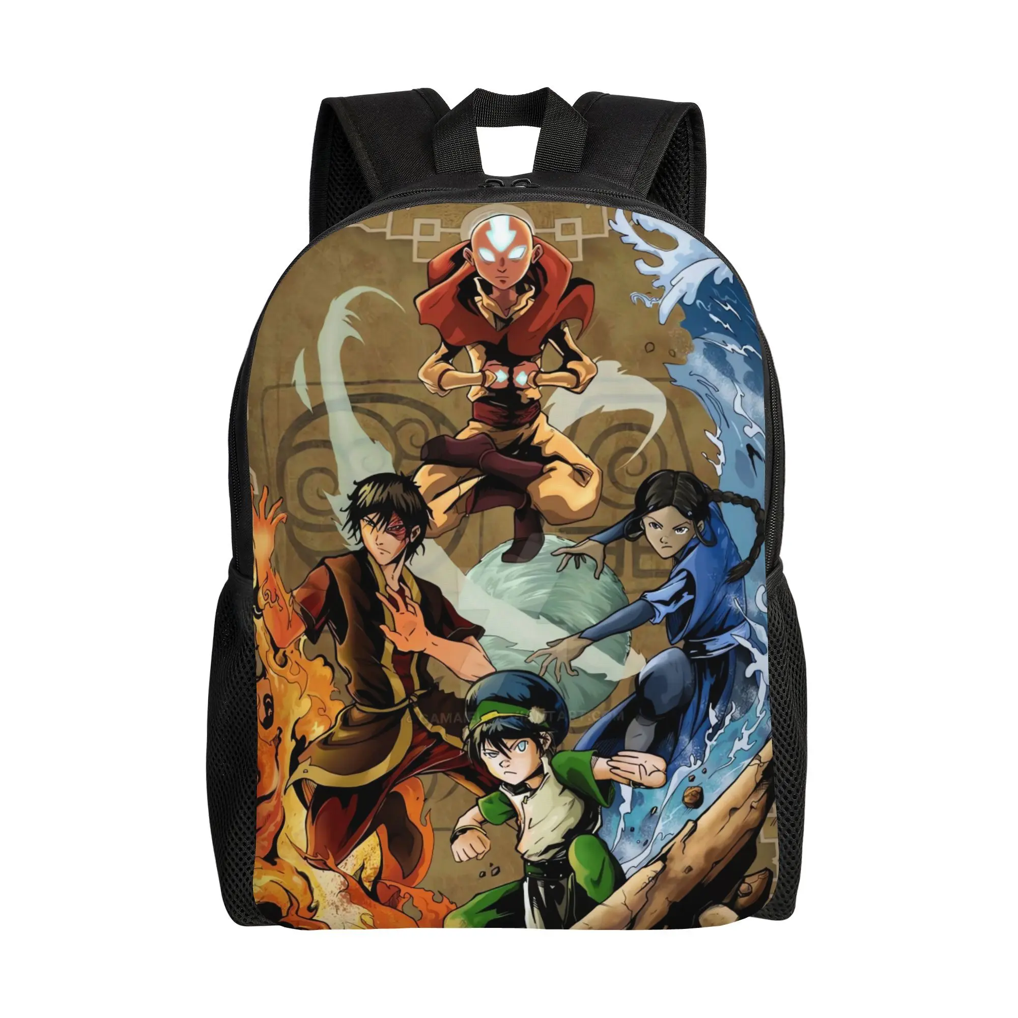 Water Resistant Single Anime Backpack, Avatar The Last Airbender Aang Katara Zuko Toph Four Elements Art Print Lightweight 600D Oxford Bookbag for School Travel Daily Casual Use