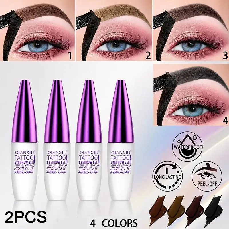 2PCS Tattoo Eyebrow Gel, Easy Peel-Off Semi-Permanent Eyebrow Tint, 4-Color Purple Cap Long Lasting Waterproof Smudgeproof Brow Makeup Kit, Highly Pigmented Natural Tinted Eyebrow Gel for Women