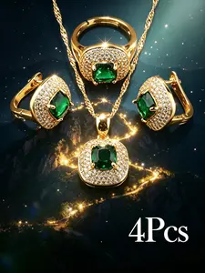18K Gold Plated 4PCS Cushion Cut Multi Color Imitation Gemstone Jewelry Set, Halo Pave CZ Pendant Necklace, Huggie Earrings & Adjustable Open Ring, Hypoallergenic Tarnish Resistant Luxury Bridal Jewelry For Wedding Party Gift