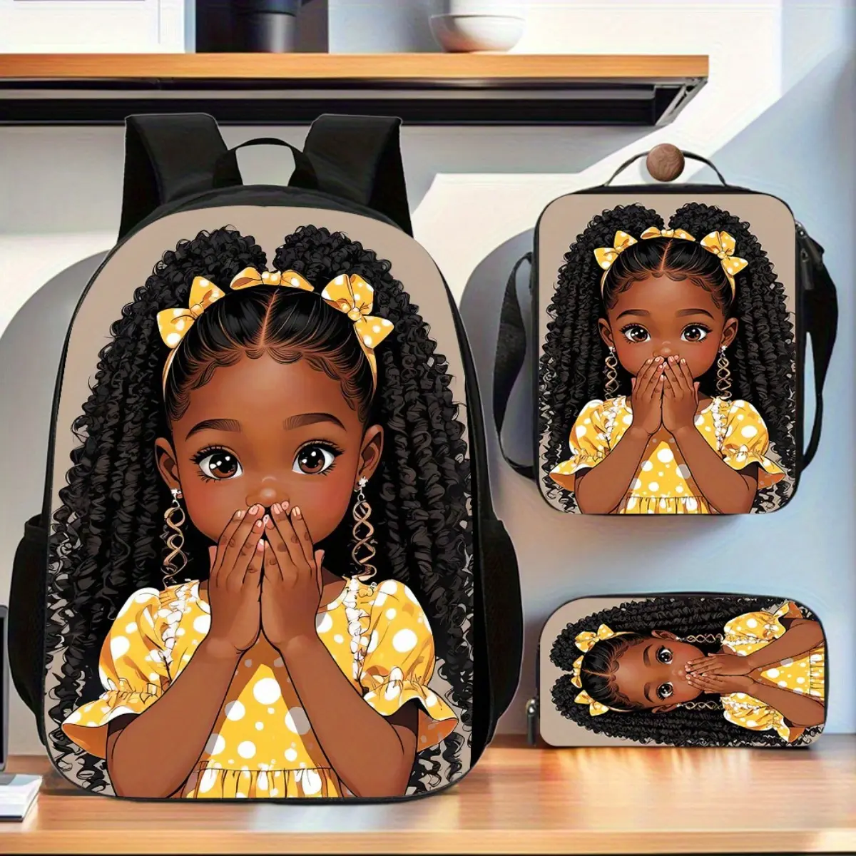 African American girl 3pcs Backpack Set, Includes Large Capacity Casual Double Shoulder Backpack, Pencil Bag and Lunch Box, Zipper Design, Adjustable Shoulder Strap, Random Printing, for Travel, Commute, Daily Gift