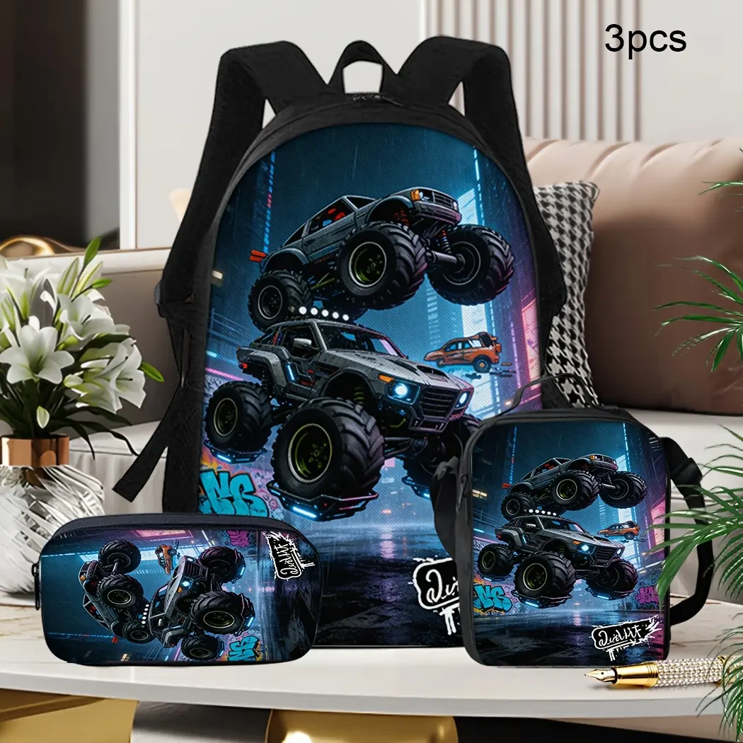 Kids Backpack 3-Piece Monster Truck Polyester Set, Neon City Off-Road Racing School Bookbag with Matching Lunch Bag & Pencil Case, Big-Wheel Travel Daypack, Back to School Gift for Truck Fans