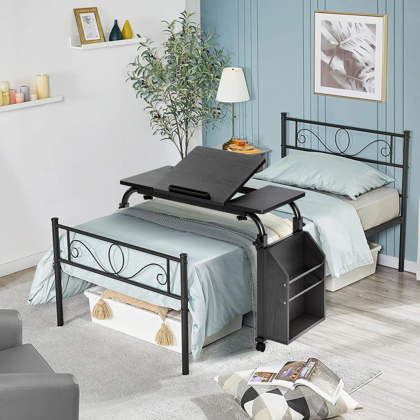 Mobile Overbed Laptop Desk Tiltable Top and Bookshelf Adjustable Height and Width Metal Table on Wheels for Bed Sofa Home Office Workstation