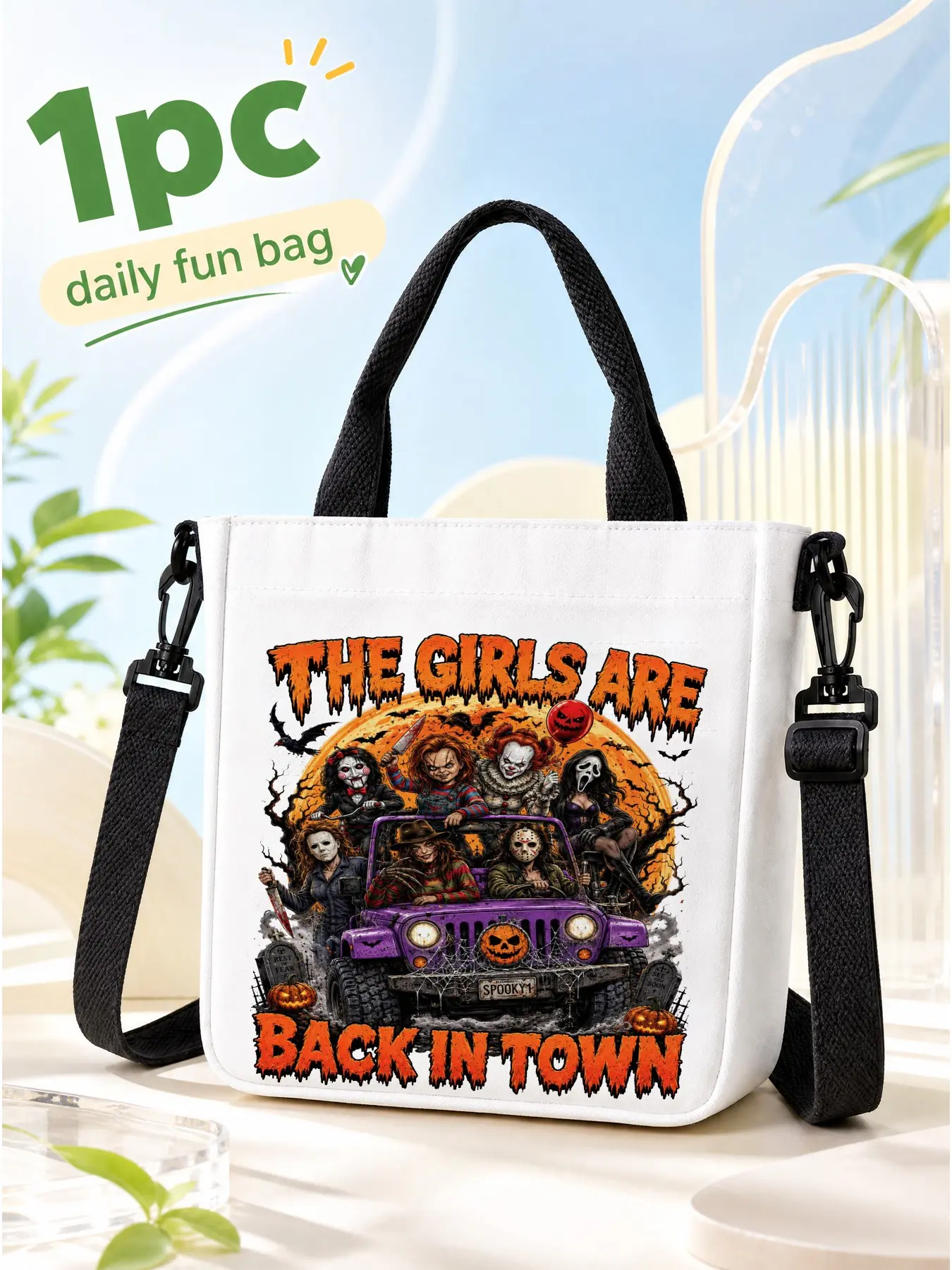 Halloween Horror Girls Canvas Tote Bag for Women, White Spooky Graphic Crossbody Shoulder Bag, Pumpkin Car Gothic Handbag, Dark Funny Shopping Purse, Halloween Gift, Birthday Gift for Horror Fans