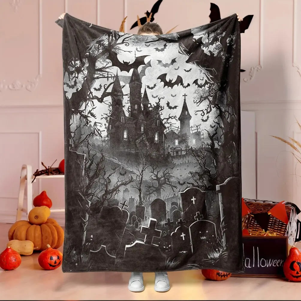 Gothic Halloween Haunted House Bat Print Flannel Blanket, Soft Cozy Lightweight Throw for Adult Blanket Kids Blanket, Vintage Dark Aesthetic Sofa Bed Home Decor Blanket, All Season Gift Halloween Holiday